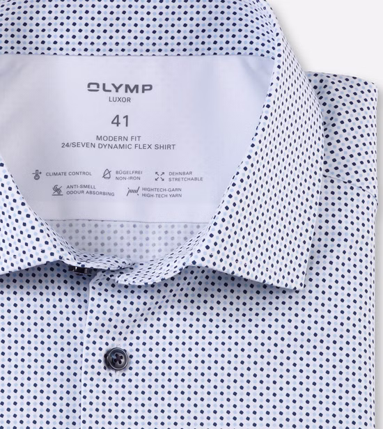 OLYMP Luxor 24/Seven Dynamic Flex Jersey Herrenhemd – Modern Fit | Hellblau mit Muster OLYMP Luxor 24/Seven Dynamic Flex Jersey Herrenhemd – Modern Fit | Hellblau mit Muster
