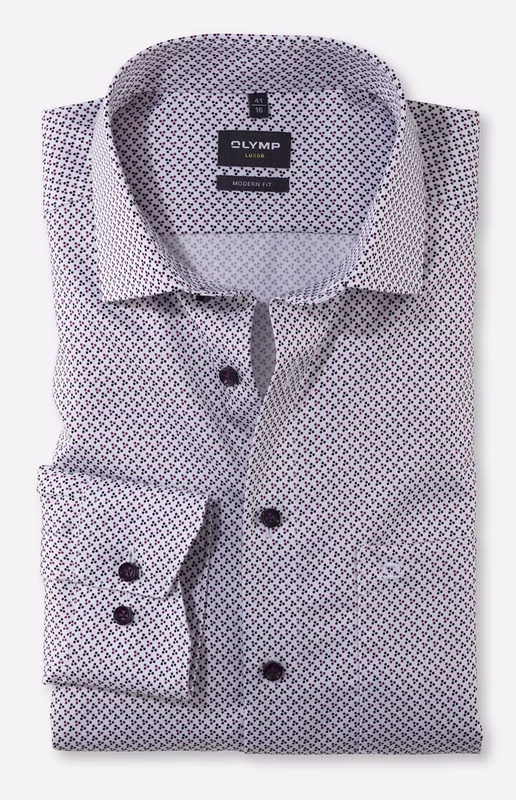 OLYMP Luxor Modern Fit Herrenhemd – Langarm | Weiß mit violett-schwarzem Punktmuster
