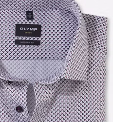 OLYMP Luxor Modern Fit Herrenhemd – Langarm | Weiß mit violett-schwarzem Punktmuster OLYMP Luxor Modern Fit Herrenhemd – Langarm | Weiß mit violett-schwarzem Punktmuster | Kragenansicht