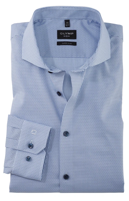 OLYMP No. 6 Six super slim Langarmhemd hellblau, dunkelblau gemustert
