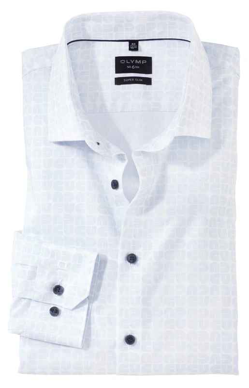 OLYMP No. 6 Six super slim Langarmhemd weiß, hellblau gemustert