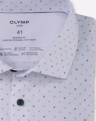 Olymp Modern Fit Langarmhemd – Weiß mit grün/blau grafischem MusterKragen detail Olymp Modern Fit Langarmhemd – Weiß mit grün/blau grafischem Muster Kragendetail