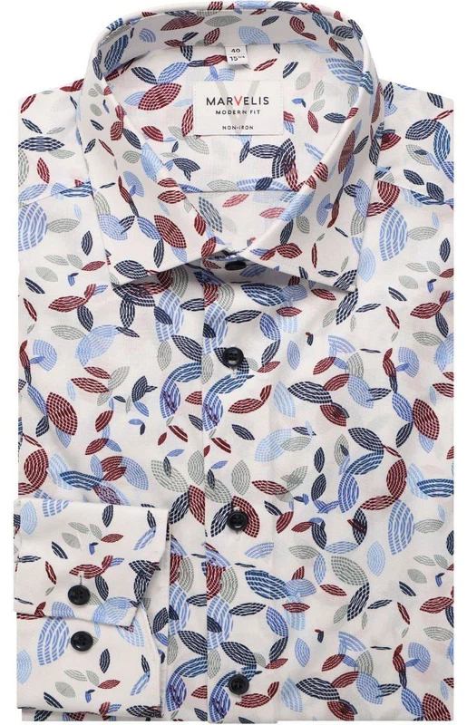 Marvelis Herrenhemd Modern Fit – Langarm, Weiß mit auffälligem Muster in Rot und Blau