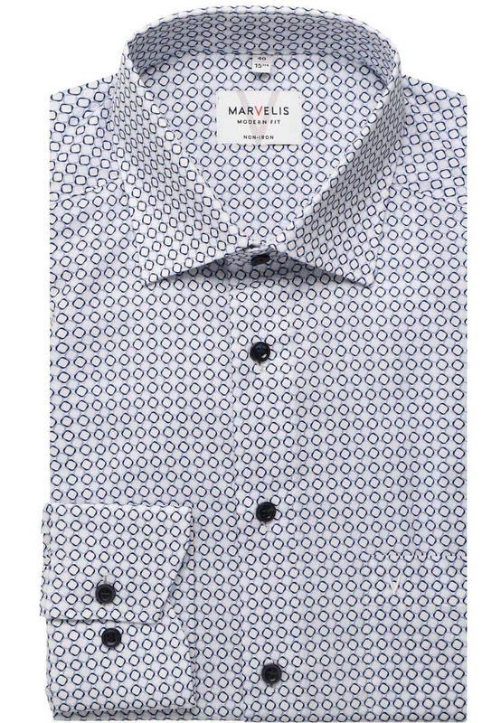 Marvelis Herrenhemd Modern Fit – Langarm, Weiß mit grafischem Muster in Blau