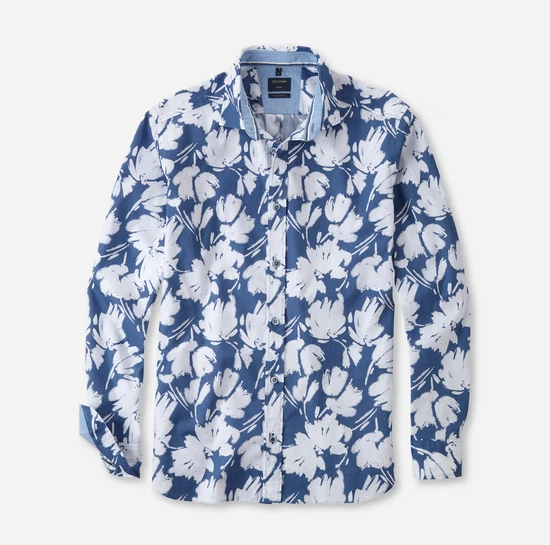Olymp Casual Regular Fit Herrenhemd – Blau mit weißem Blumendruck