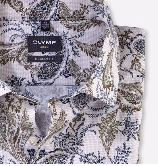 OLYMP Luxor Modern Fit Herrenhemd in Natur mit Blumen- und Paisley-Muster, Langarm, bügelfrei – ideal für formelle und freizeitliche Anlässe.