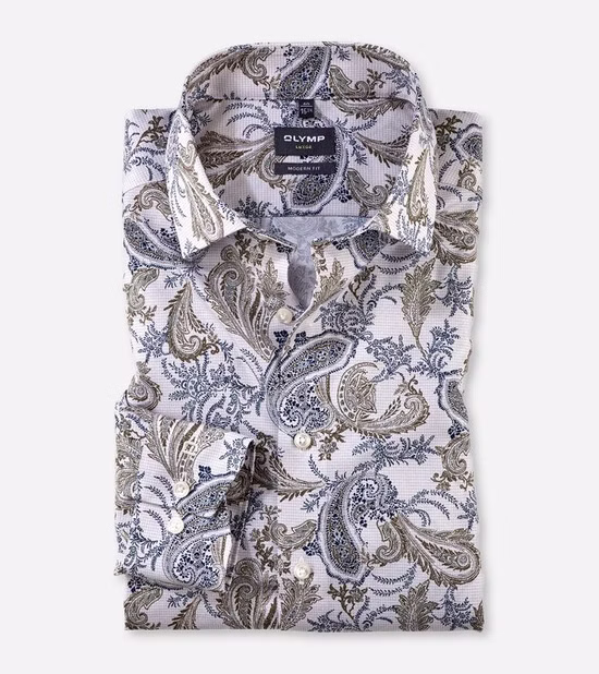 OLYMP Luxor Modern Fit Herrenhemd in Natur mit Blumen- und Paisley-Muster, Langarm, bügelfrei – ideal für formelle und freizeitliche Anlässe.