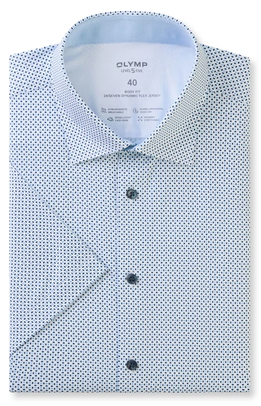 OLYMP Level Five 24/Seven Dynamic Flex Jersey Herrenhemd – Kurzarm | Weiß mit blauem Minimal-Print