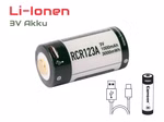 RCR123A - 3V - 1000mAh Lithium Ionen Akku (Wiederaufladbar über micro USB)