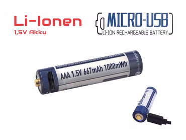AAA 1.5V 1000mWh (ca. 667mAh) Lithium Ionen Akku (Wiederaufladbar über micro USB)