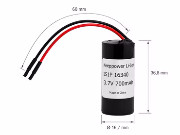 Keeppower 1S1P 16340 - 700mAh, 3,7V Li-Ionen-Akku (BMS/PCB geschützt) mit Kabelanschluss