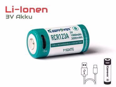 RCR123A - 3V - 1000mAh Lithium-Ionen-Akku (Wiederaufladbar über USB-C) RCR123A - 3V - 1000mAh Lithium-Ionen-Akku (Wiederaufladbar über USB-C)