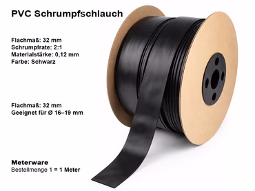 PVC Schrumpfschlauch Schwarz 32 mm Flachmaß / Materialstärke: 0,12 mm – 2:1 Schrumpfrate – Akku Rewrap 