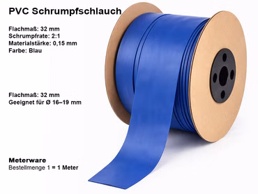 PVC Schrumpfschlauch Blau – Flachmaß 32 mm – 0,15 mm – 2:1 – Meterware
