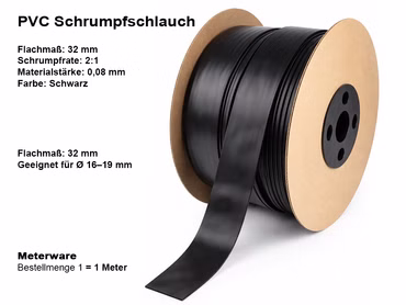 PVC Schrumpfschlauch Schwarz 32 mm Flachmaß – 2:1 Schrumpfrate – Akku Rewrap / Kabelisolierung – Meterware