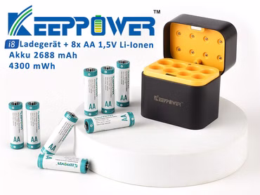 Keeppower I8 Ladegerät mit 8× 1,5V AA Li-Ion-Akkus (4300mWh) – USB-C Eingang