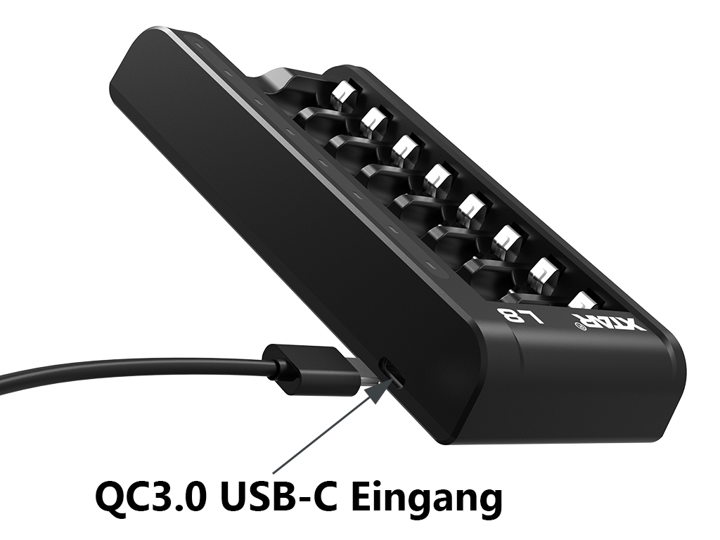 Xtar L8 – Ladegerät + 8x AA (Mignon) LR6 1,5V Li-Ion Akkus zzgl. USB QC3.0  Netzteil