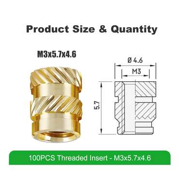 Uxcell 150-Pack Threaded Inserts, M2 X 3mm X 4mm Brass Knurled Insert - View #3