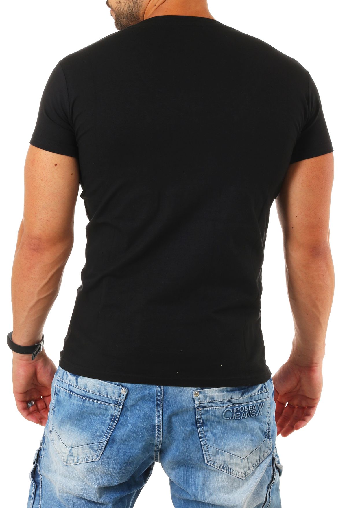 Young & Rich Herren T-Shirt extra tiefer V-Ausschnitt slimfit stretch