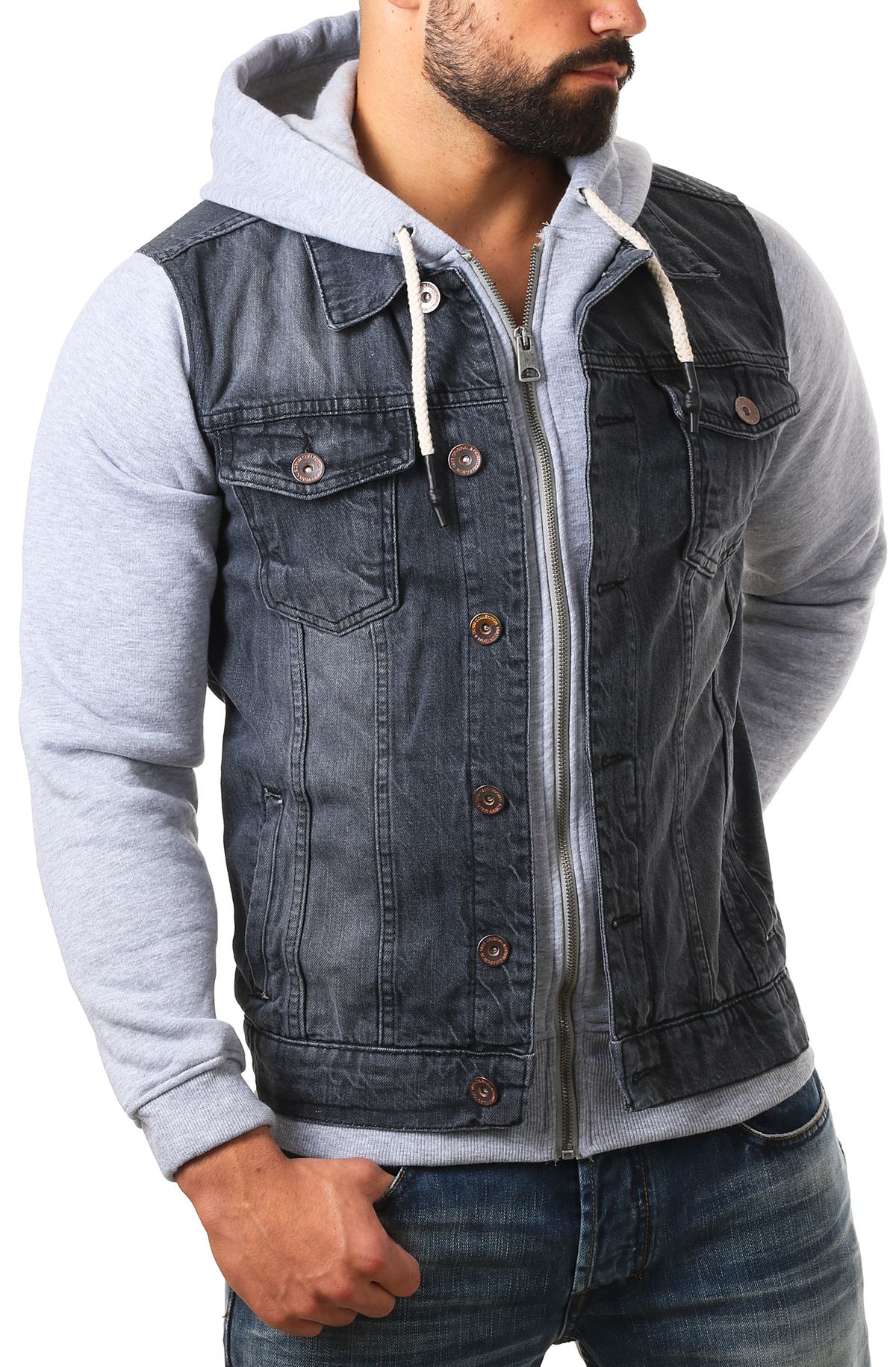 Young & Rich Herren 2in1 Übergangs Jeans -Sweat-Jacke slim fit Kontrast Look 459 - Bild 3 von 6