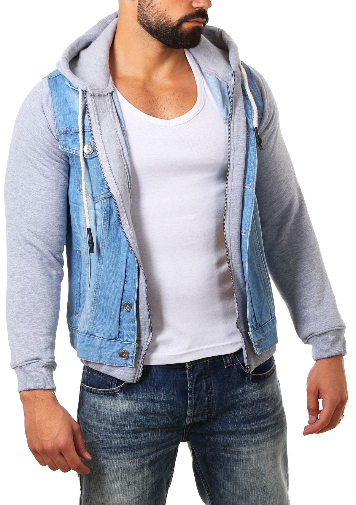 Young & Rich Herren 2in1 Übergangs Jeans -Sweat-Jacke slim fit Kontrast Look 459 - Bild 5 von 6