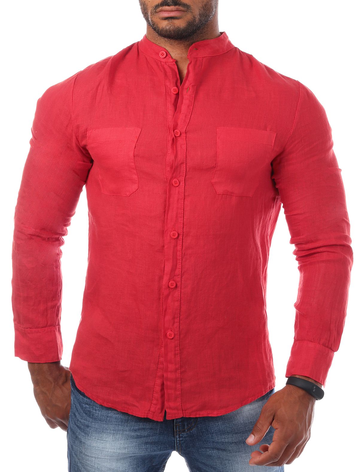 Young & Rich Herren Leinenhemd kurzarm Stehkragen 100% Leinen regular Fit H1660 