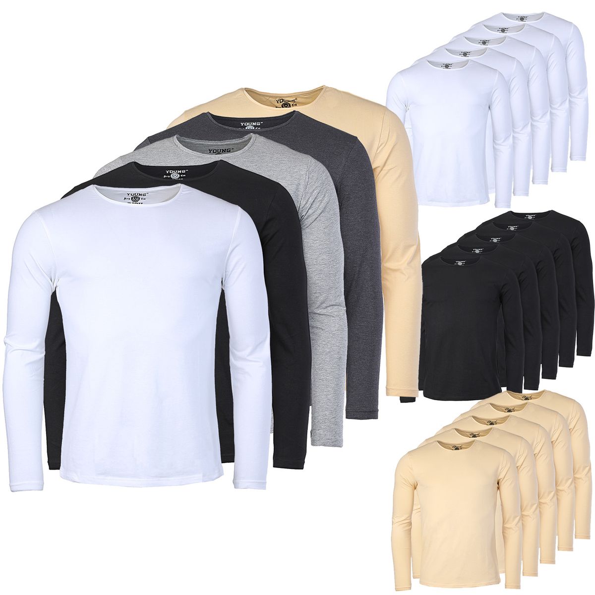 Young & Rich Herren Uni Longsleeve langarm T-Shirt Rundhals Ausschnitt 5er Pack Young & Rich Herren Uni Longsleeve langarm T-Shirt Rundhals Ausschnitt 5er Pack