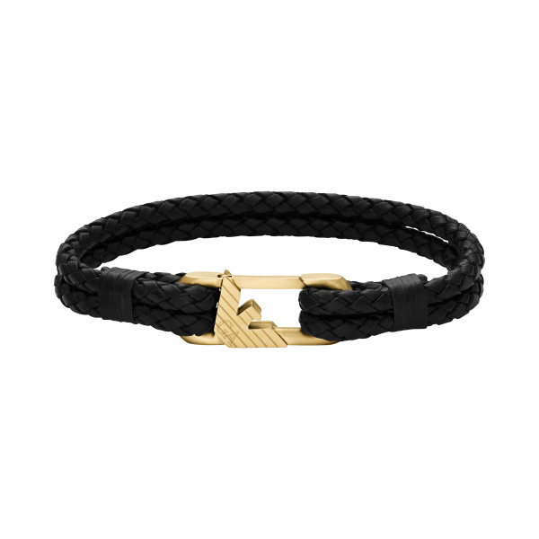 Emporio Armani Herren Armband EGS3245710 | Geflochtenes Leder Schwarz | Gold-Akzent