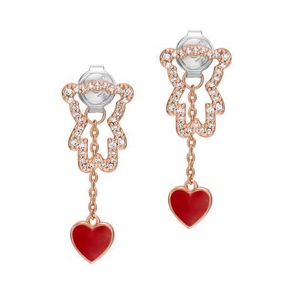 Emporio Armani Damen Ohrringe EGS3163221 – Roségold mit silbernen Steinen & rotem Herz-Anhänger