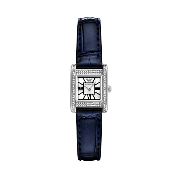 Emporio Armani AR11718 Damen Uhr – Elegante rechteckige Uhr mit Swarovski-Steinen und blauem Lederarmband