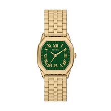 Fossil Damen Uhr ES5451 – Elegante goldene Armbanduhr mit grünem Zifferblatt und römischen Ziffern