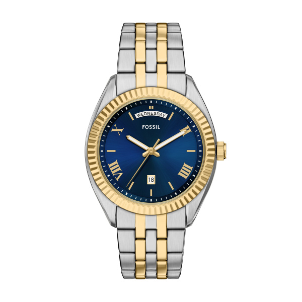 Fossil Herren Uhr FS6141 – Elegante Zweifarbigkeit mit blauem Ziffernblatt und Edelstahlarmband