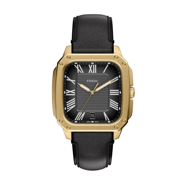 Fossil Herren Uhr FS6151 – Elegante goldene Herrenuhr mit schwarzem Lederarmband und römischen Ziffern