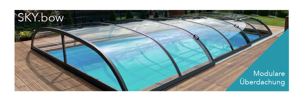     conZero SkyBow Poolüberdachung - flach - zwei Schienen - mit Seitenschiebetür - Bausatz zur Selbstmontage