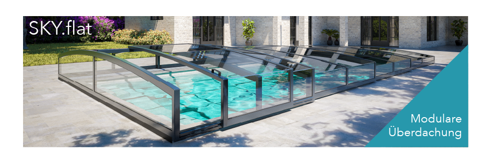     conZero SkyFlat Poolüberdachung - flach - nur eine Schiene - mit Seitenschiebetür - Bausatz zur Selbstmontage