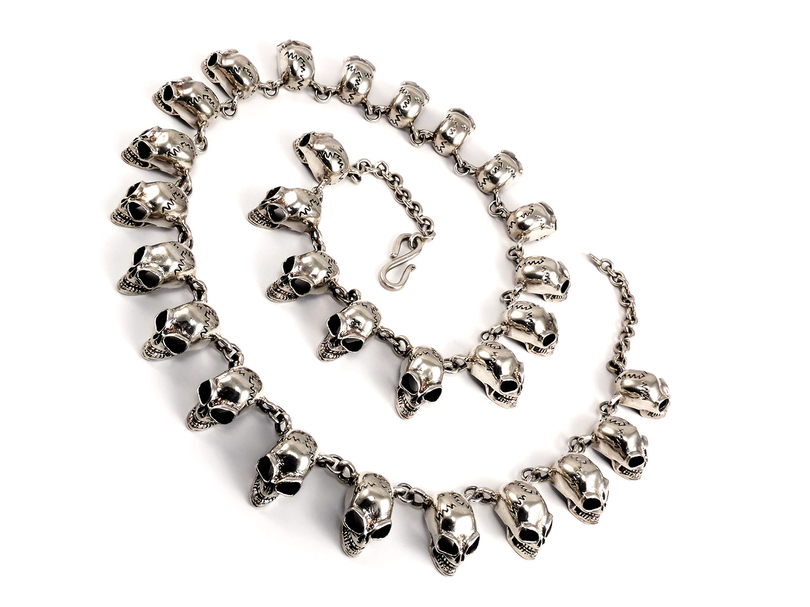Long Silver Tourmaline and Bird Skull Necklace \u2022 Sterling Silver Chain 30\u201d \u2022 Macabre Jewelry \u2022 Metal Bird Skull Jewelry
