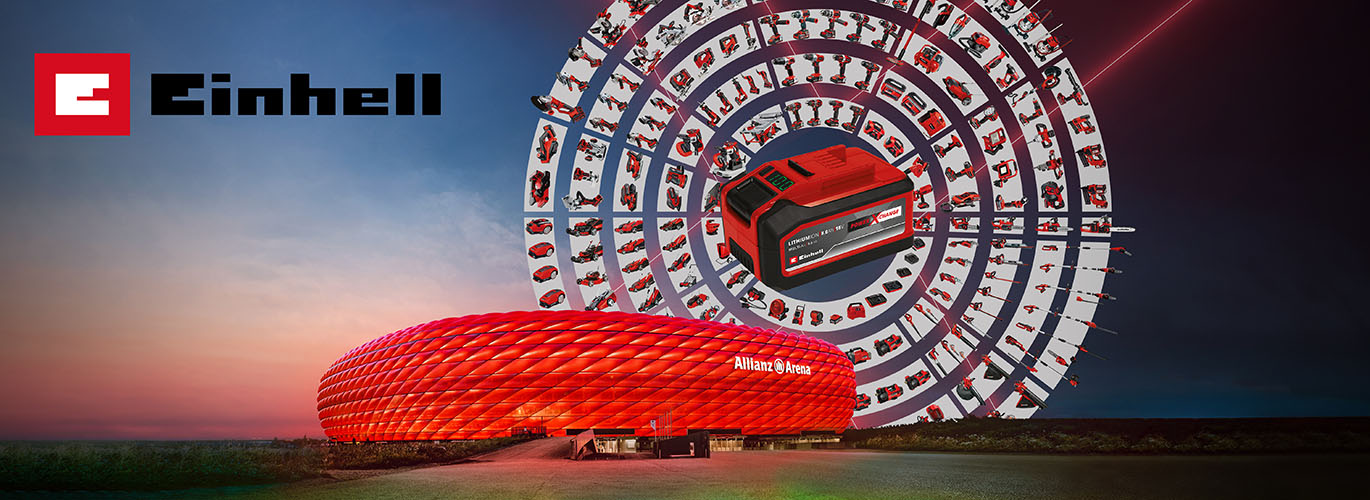 Zeigt die Allianz-Arena und darüber einen Einhell-Akku mit zahlreichen kompatiblen Geräten