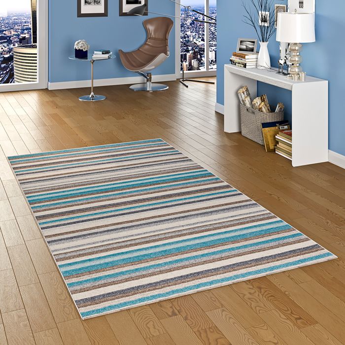 Capri - Tapis Kilim Naturel - Rayures Turquoises