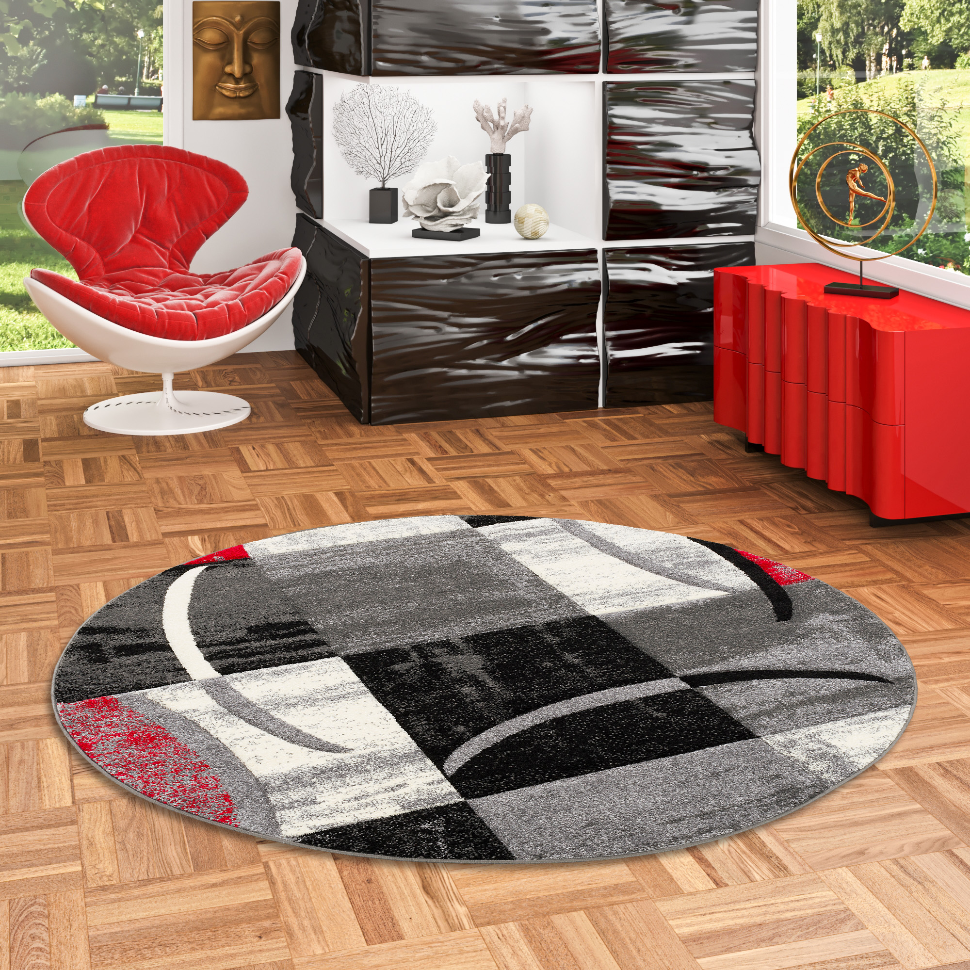 Designer Teppich Brilliant Karo Rot Grau Trend Rund