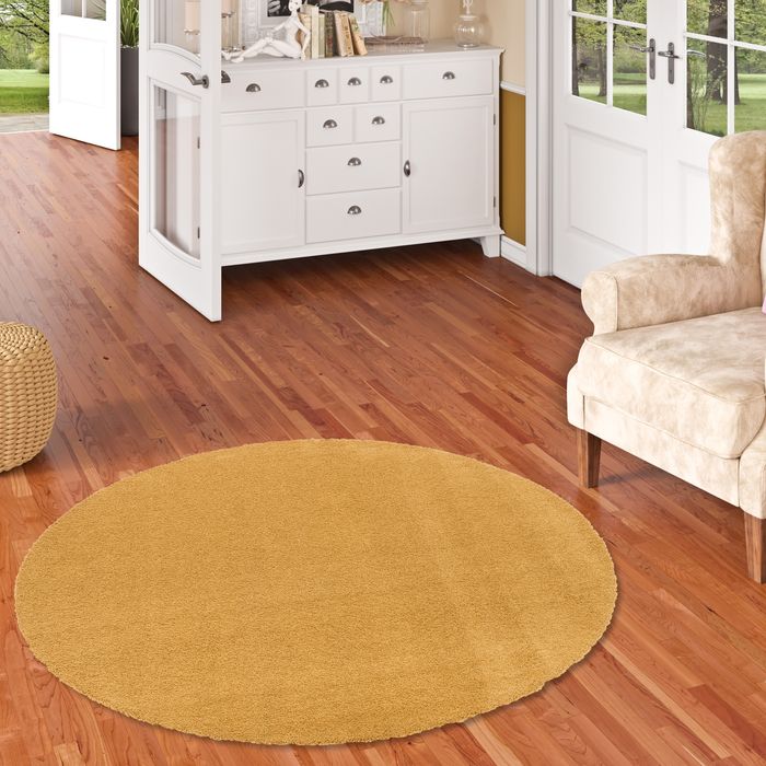 Luxus Hochflor Shaggy Teppich Velvet Curry Rund