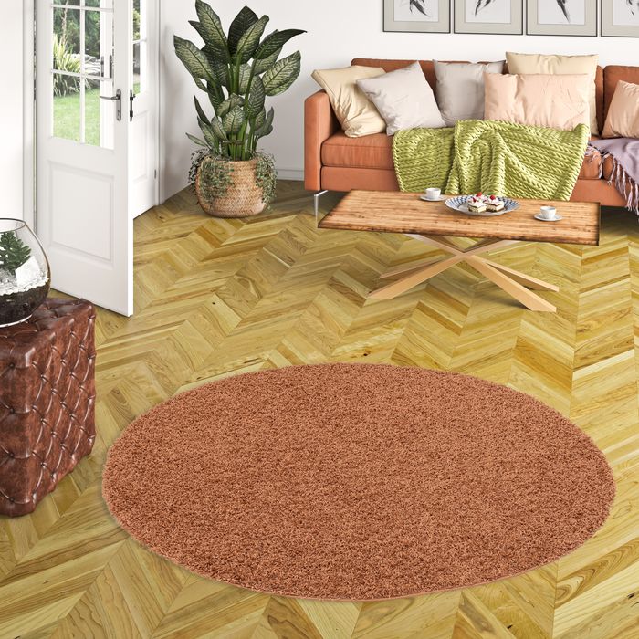 Hochflor Langflor Shaggy Teppich Fluffy Terrakotta Rund