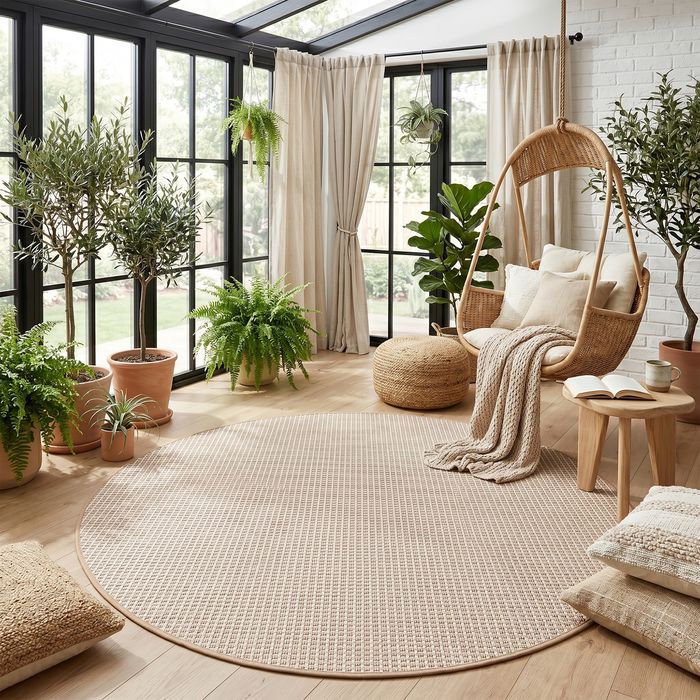 Oslo - Tapis plat tissé d'intérieur/extérieur - Carreaux Beige Crème - Rond