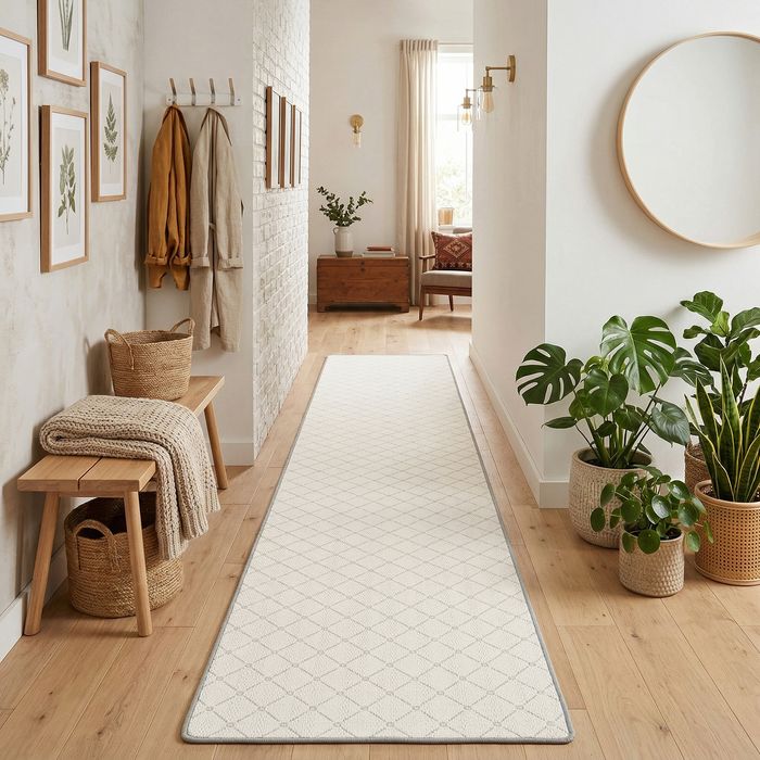 Oslo - Tapis long couloir plat tissé d'intérieur/extérieur - Carreaux Gris Clair Moderne