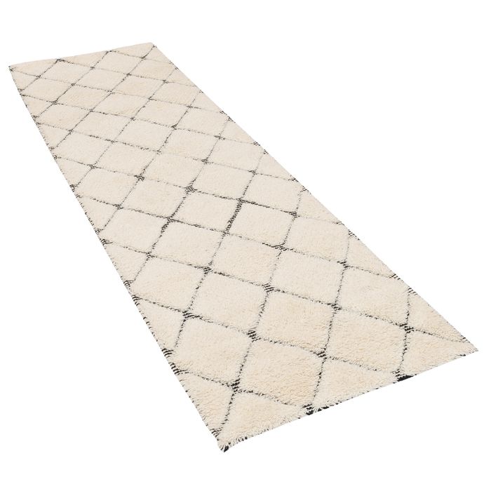 Natur Teppich Läufer Shaggy Wolle Linea Wollweiss Rauten