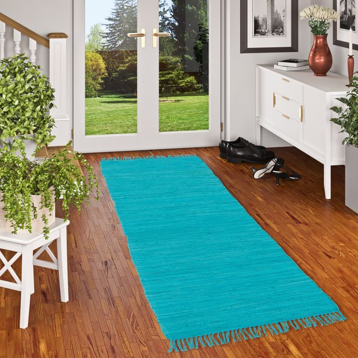 Jolly Cotton - Tapis long couloir - Tapis naturel en coton - Turquoise