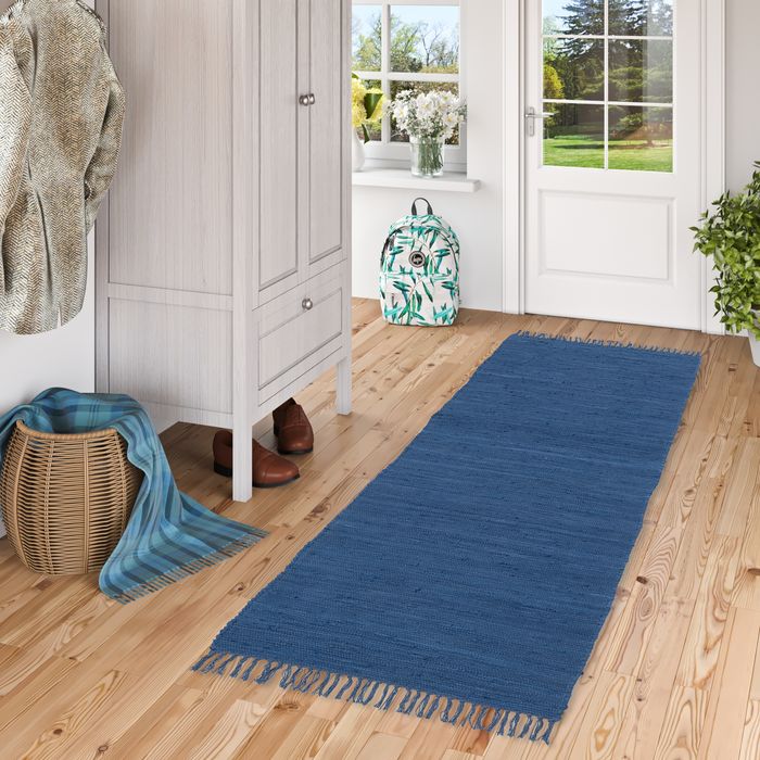 Jolly Cotton - Tapis long couloir - Tapis naturel en coton - Bleu foncé