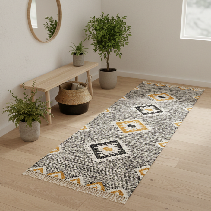 Natur Teppich Kelim Läufer Wolle Eva Grau Curry Rauten