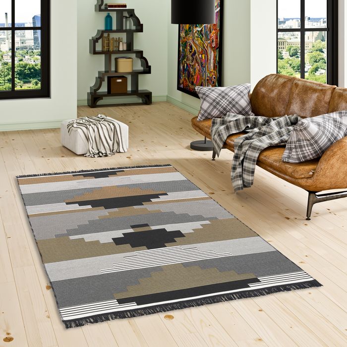 Designer Teppich Beidseitig Ethno Kelim Grau Beige Style