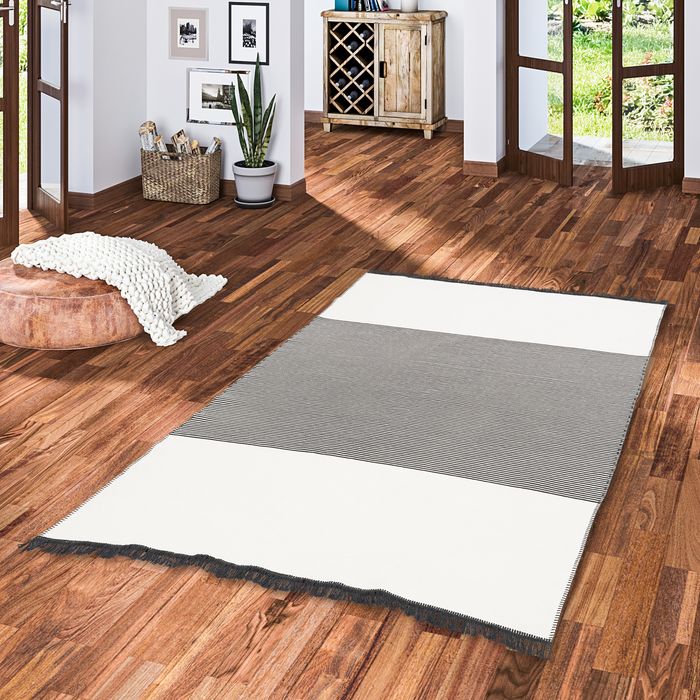 Designer Teppich Beidseitig Ethno Kelim Grau Schwarz Lines