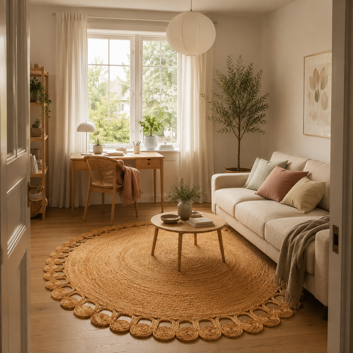 Naturfaser Teppich Handgefertigt Jute Salsa Natur Boho Beige Rund
